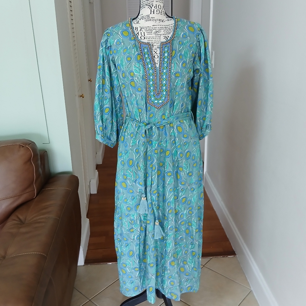 Bella Tu Harper Printed Peasant Dress‎ with Embellishment